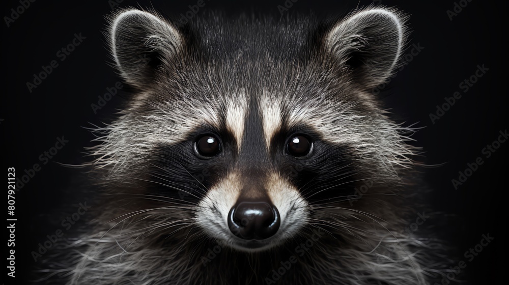 Closeup of a raccoons face focusing on its distinctive masklike markings and curious gaze set against a solid gray background highlighting its expressive and intelligent features