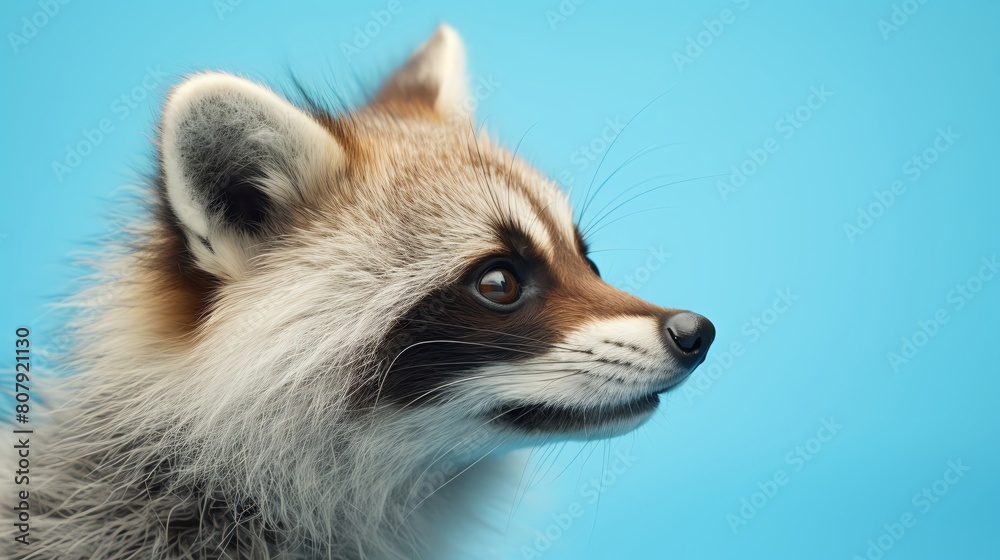 Closeup of a playful raccoon and a curious fox their noses almost touching set against a solid light blue background capturing a moment of friendly interaction and curiosity