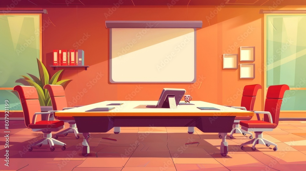 An empty office with a table, chairs, whiteboard, and mess, with a business meeting or presentation. Modern illustration of an empty office with a white board, table, chairs, and mess. An empty office with a table, chairs, whiteboard, and mess, with a business meeting or presentation. Modern illustration of an empty office with a white board, table, chairs, and mess.