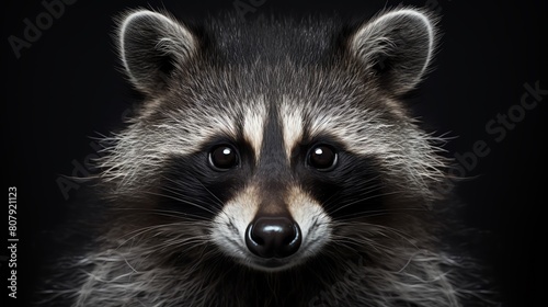 Closeup of a raccoons face focusing on its distinctive masklike markings and curious gaze set against a solid gray background highlighting its expressive and intelligent features © Jenjira
