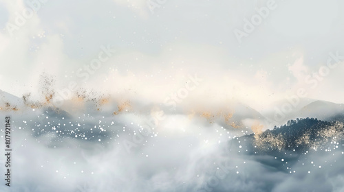 Misty mountain landscape with abstract white and golden hues