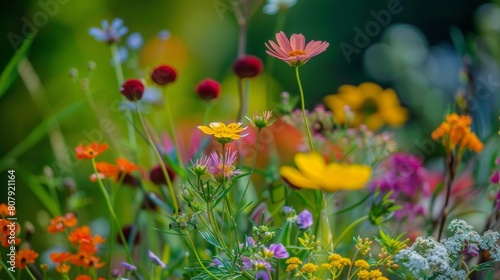 Close-up of a cluster of wildflowers with different textures and colors, showcasing their intricate beauty and diversity © ktianngoen0128