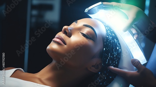 Closeup of a skincare professional adjusting LED light panels around a clients face emphasizing precision in aesthetic treatments