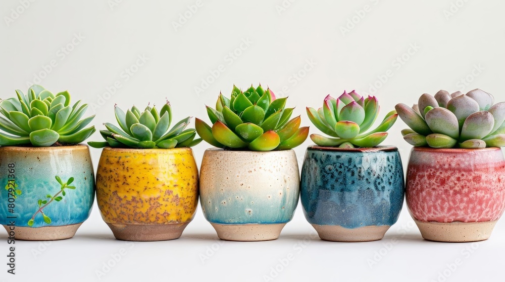 mini succulent plant image in a row of ceramic vases