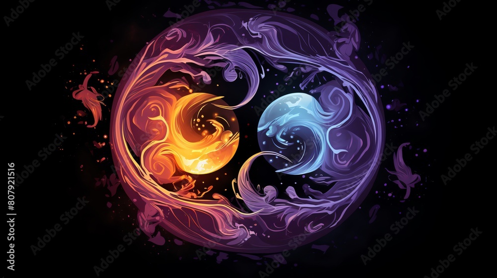 A dynamic Yin and Yang symbol with elements of nature such as fire and water beautifully intertwining set against a solid dark purple background depicting t A dynamic Yin and Yang symbol with elements of nature such as fire and water beautifully intertwining set against a solid dark purple background depicting t