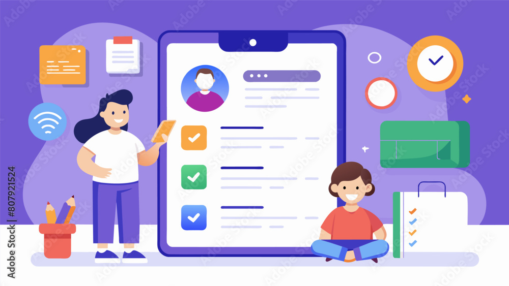 A homework management app that allows parents to track their childs assignments grades and overall progress in school.. Vector illustration A homework management app that allows parents to track their childs assignments grades and overall progress in school.. Vector illustration
