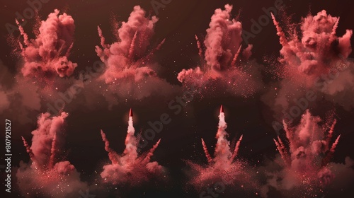 Red dust clouds isolated on transparent background. Modern illustration of chili powder seasoning powder, dry paint splatter texture with shimmering particles, rocket launch trails. photo