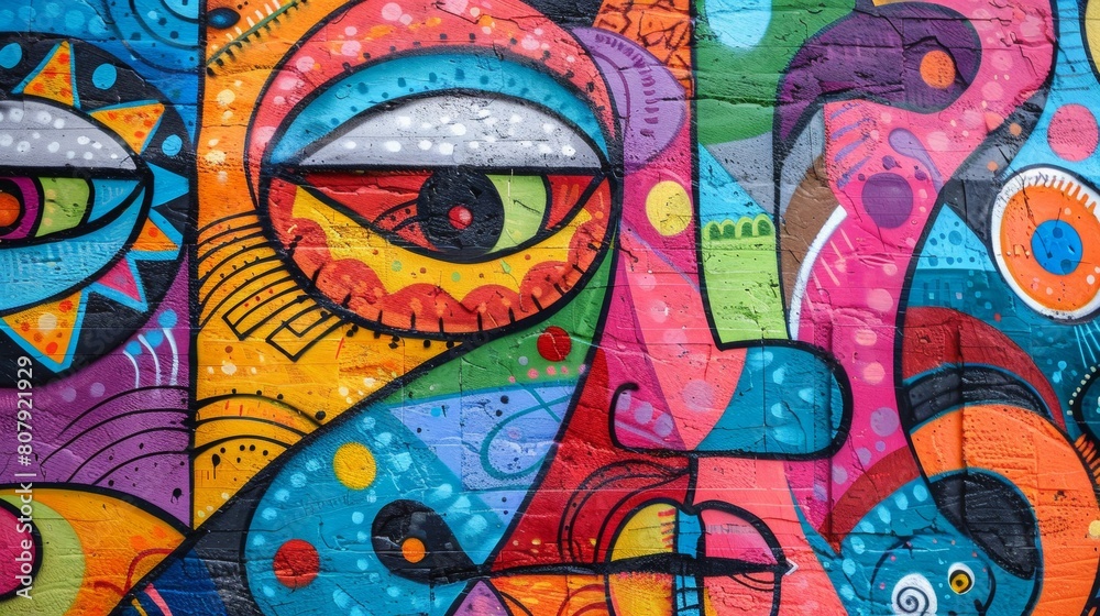 Close-up of a vibrant mural on a city building, capturing its intricate details and textures Close-up of a vibrant mural on a city building, capturing its intricate details and textures