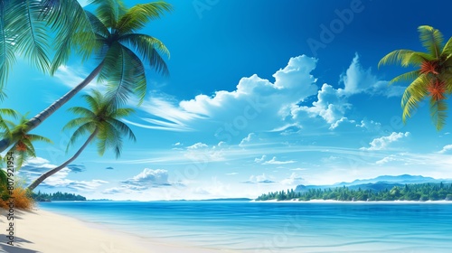 Vibrant beach scene with clear blue skies and palm trees perfect for travel and holiday themes with ample copy space © Jenjira