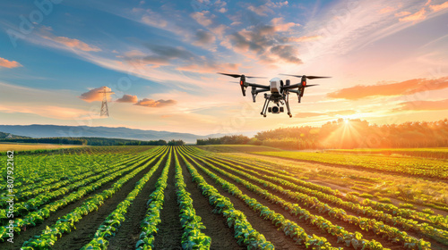 an image of high-tech agricultural drones buzzing over vast fields, equipped with advanced sensors and cameras to monitor crop health and detect areas needing attention, showcasing the innovative  photo