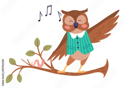Animal music vector illustration. Happy creatures perform in cheerful music party, creating with lively music band as they perform magical animal music metaphor. Owl sings standing on a branch © robu_s