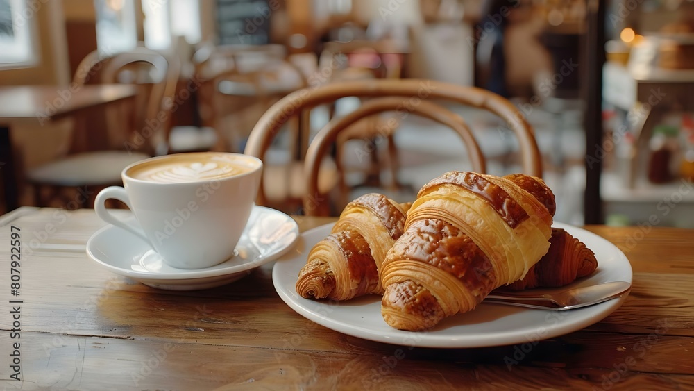 Having breakfast in a Parisian cafe with croissant and cappuccino. Concept Parisian Cafe, Breakfast, Croissant, Cappuccino, Food Photography Having breakfast in a Parisian cafe with croissant and cappuccino. Concept Parisian Cafe, Breakfast, Croissant, Cappuccino, Food Photography