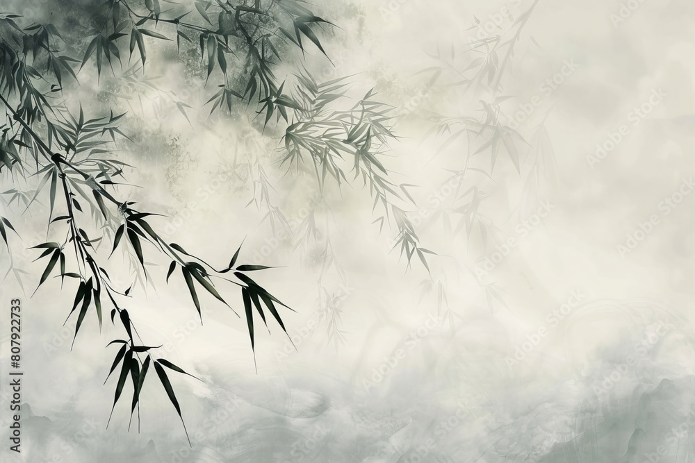 Traditional Chinese bamboo ink painting with misty background