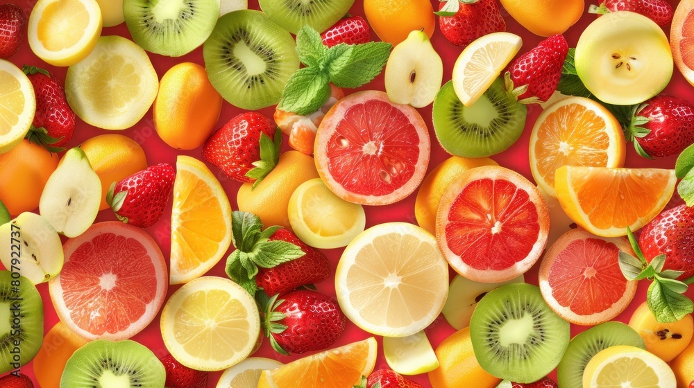 Illustration of a fruit pattern background blending with realistic day light Illustration of a fruit pattern background blending with realistic day light