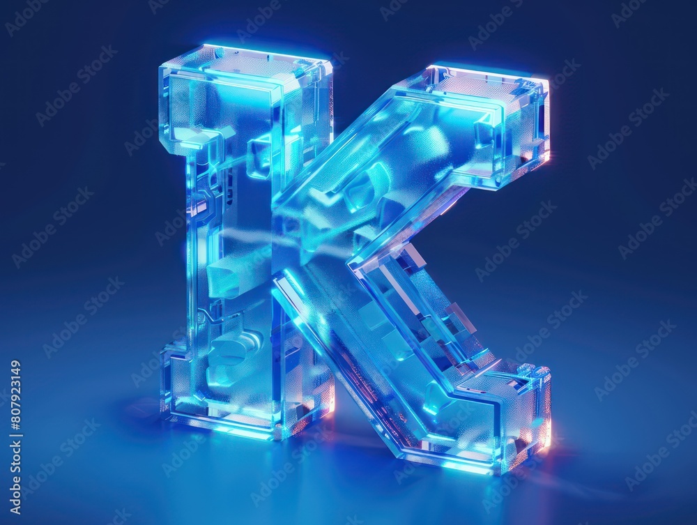 blue letter K isometric view, transparent visualization blue letter K isometric view, transparent visualization
