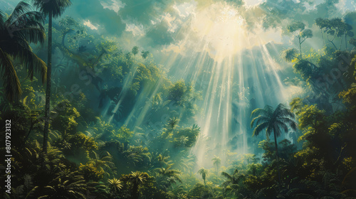 Mystical jungle scene with sunlight beams filtering through