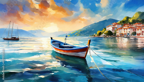 fantasy illustration of wooden fishing boat on the shore with sunset, reflection, buildings and flying seagulls	 photo