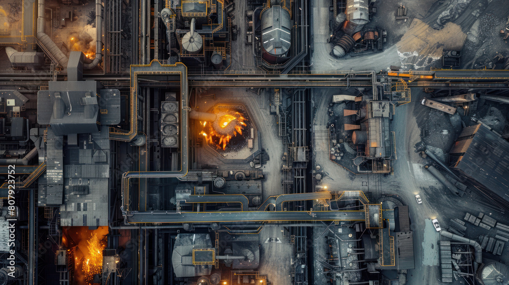 an overhead view of a busy steel mill, with molten metal pouring from blast furnaces and conveyor belts transporting raw materials and finished products, illustrating the heavy industry in action.