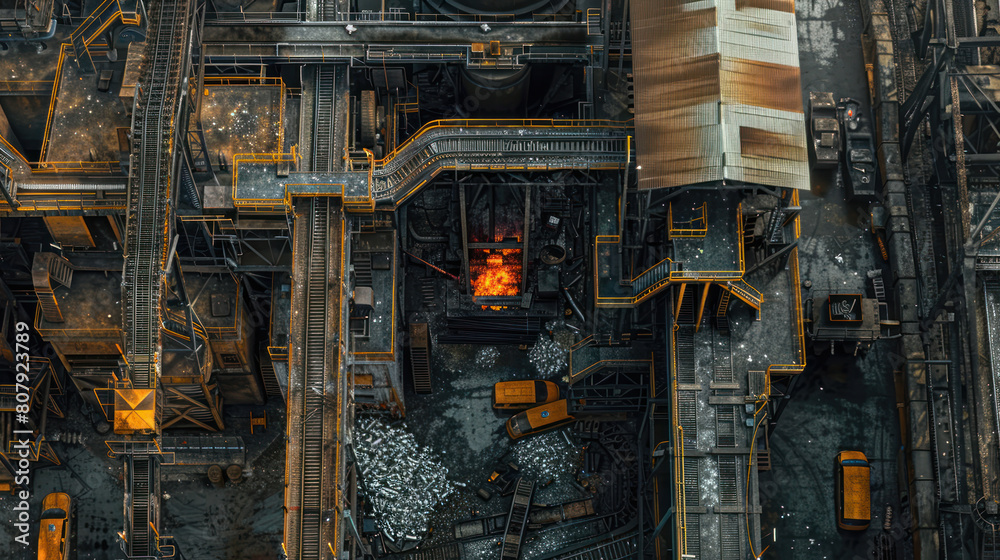 an overhead view of a busy steel mill, with molten metal pouring from blast furnaces and conveyor belts transporting raw materials and finished products, illustrating the heavy industry in action. an overhead view of a busy steel mill, with molten metal pouring from blast furnaces and conveyor belts transporting raw materials and finished products, illustrating the heavy industry in action.