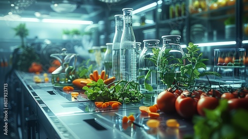 Synthetic biology food, genetically edited exotic crops, cell-cultured meat, technology meets nature at the table of the future, sci-fi, futuristic technology. Generative AI.