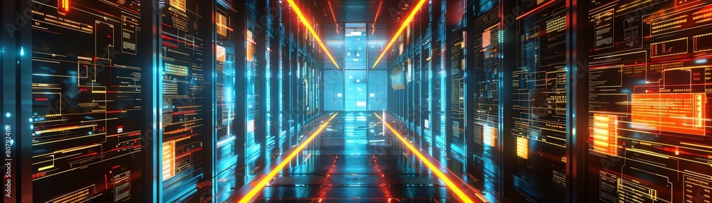 Futuristic data center with rows of servers and bright lights. 3D illustration.