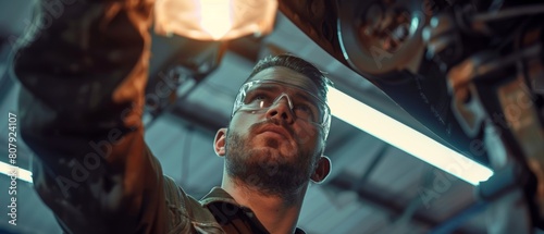 In a modern, clean workshop, a mechanic works on a car in a car service and wears safety glasses. He hangs a lamp and works with a ratchet.