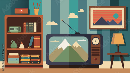 The sound of vintage ski films playing on an old television set adds to the nostalgic atmosphere of the shop.. Vector illustration