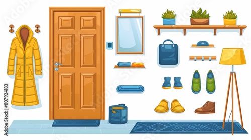 White background with house entrance door and isolated hallway furniture set. Yellow coat hanger in the hall, slippers shelf, and blue carpet. Modern hallway with lamp and plant display. photo