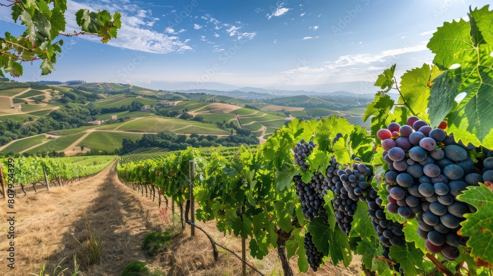 vineyard with clusters of ripe grapes, under a clear blue sky