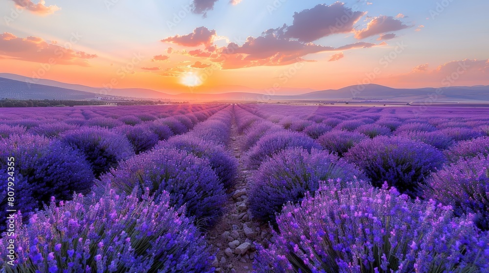 sunset over lavender field with distant mountain and orange sky