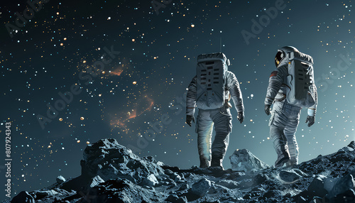 Two astronauts are walking on a rocky surface in space