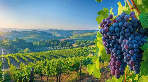 vineyard with clusters of ripe grapes  under a clear blue sky