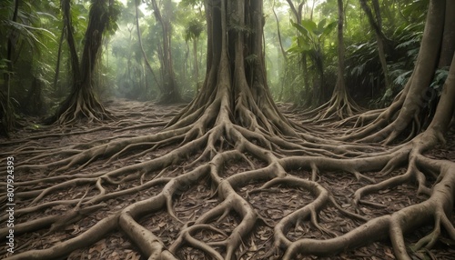 A network of tree roots snaking across the jungle upscaled 2 photo