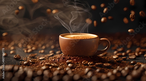 A steaming cup of coffee surrounded by scattered beans over a dark  textured background --ar 16 9 --s 250 -
