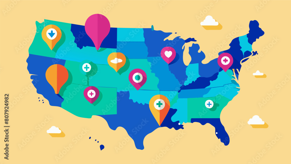 A colorful map showcasing various locations where personalized ketamine treatment plans are available emphasizing the accessibility and availability.