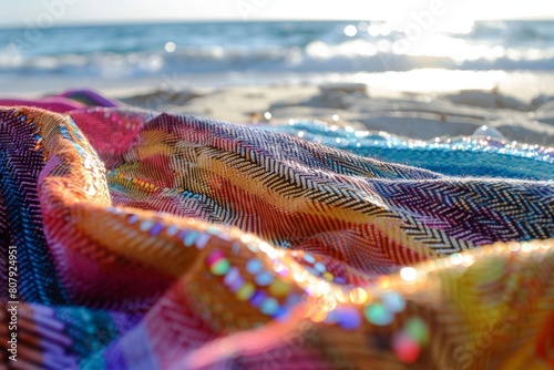 The vibrant pattern of a beach towel, spread out on the sand, with a glimpse of the sparkling ocean