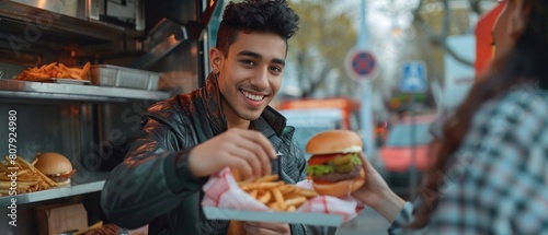 Food Truck Employee Hands Out a Burger to a Happy Young Indian Man in Leather Jacket Who Paid with a Bank Credit Card for Food. Street Food Truck Selling Burgers Outdoors.