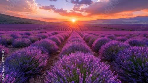 sunset over lavender field with purple flowers and blue sky