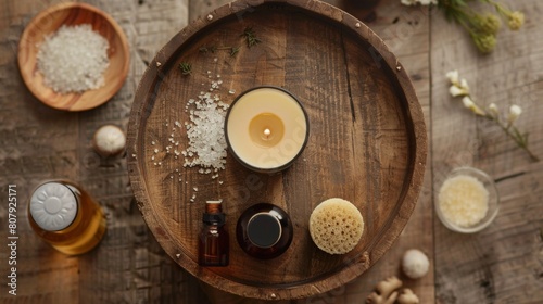Top-view shot of a weathered wooden tray with bath products arranged in a circle: essential oils, a loofah, bath salts, and a lit candle in the center