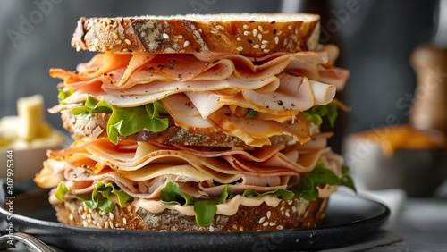 Closeup view of a triple decker club sandwich with turkey and ham. Concept Food Photography, Triple Decker Club Sandwich, Turkey and Ham, Closeup View, Culinary Art