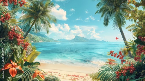 tropical beach with palm trees and flowers under a blue sky with white clouds