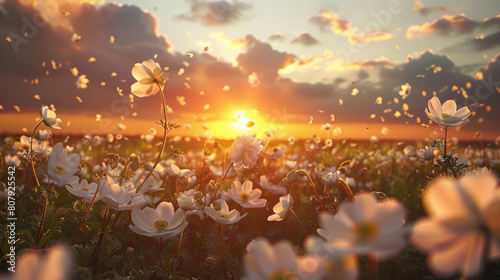 A breathtaking vista of a sunset over a field of anemone flowers, their delicate petals fluttering in the evening breeze. photo