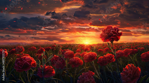A breathtaking vista of a sunset over a field of carnations, their ruffled petals catching the last rays of sunlight before nightfall. photo