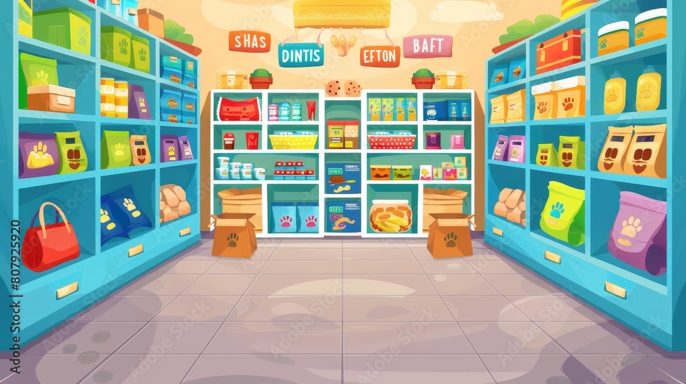 The interior of a pet shop with a cartoon dog toy. The business aisle of the pet shop with food, goods, and accessories for domestic animals on a background of a doghouse stand with snacks.
