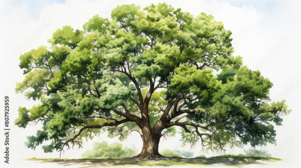 A watercolor painting of a large, majestic oak tree with a wide, spreading canopy of green leaves