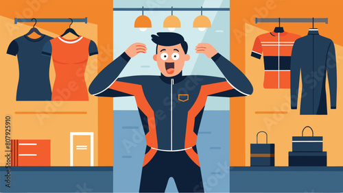 A triathlete excitedly trying on a highend wetsuit at the secondhand sports equipment store grateful for the discounted price.. Vector illustration