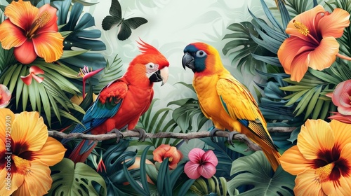 tropical birds among exotic flowers on a branch