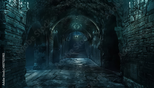 A dark tunnel with a blue glow