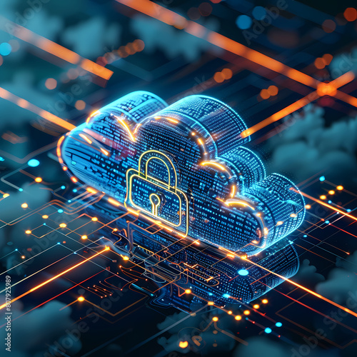 Abstract illustration of cloud security services, stylized cloud icon integrated with a secure padlock symbol, representing data protection and cybersecurity in cloud computing environments.--ar16:9 -
