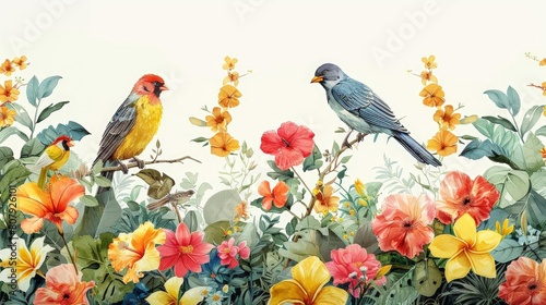 tropical birds among exotic flowers in a garden